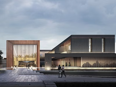 Modern Sales Office Building Exterior Design With Glass Curtain Wall Metal Structure And Plaza Pedestrians 3d model