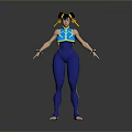 Woman With Pigtails In Blue Top And Blue Tight Pants With Black Wristbands