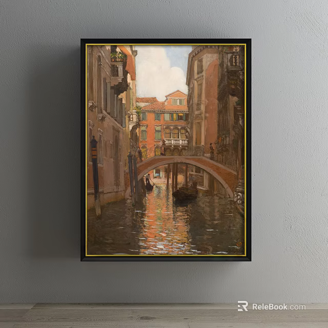 Venetian Canal Landscape Painting With Arch Bridge Historic Buildings And Water Reflections 3d model 