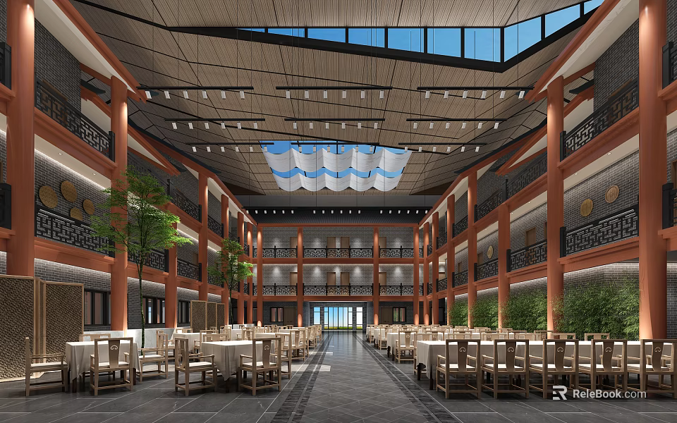 Chinese Style Restaurant Lobby With Multi Floor Wooden Structure Chandeliers Dining Tables Chairs Green Plants 3d model 