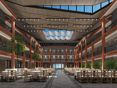 Chinese Style Restaurant Lobby With Multi Floor Wooden Structure Chandeliers Dining Tables Chairs Green Plants 3d model