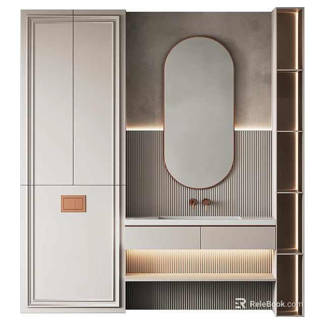 Modern Bathroom Vanity With Oval Mirror Gray Striped Wall And Brass Faucet 3d model 