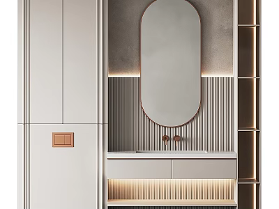 Modern Bathroom Vanity With Oval Mirror Gray Striped Wall And Brass Faucet 3d model