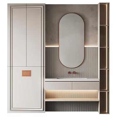 Modern Bathroom Vanity With Oval Mirror Gray Striped Wall And Brass Faucet 3d model