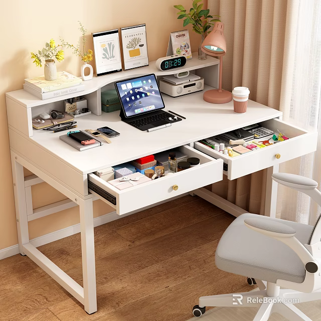 White Study Desk With Open Drawers Laptop Coffee Cup Desk Lamp Clock And Books 3d model 