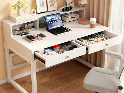 White Study Desk With Open Drawers Laptop Coffee Cup Desk Lamp Clock And Books 3d model