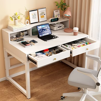 White Study Desk With Open Drawers Laptop Coffee Cup Desk Lamp Clock And Books 3d model