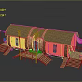 Traditional Wooden House With Thatched Roof Red Windows And Wooden Steps