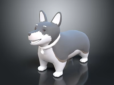 Cute Gray And White Corgi Shaped Plush Toy With Smiling Face And Collar 3d model