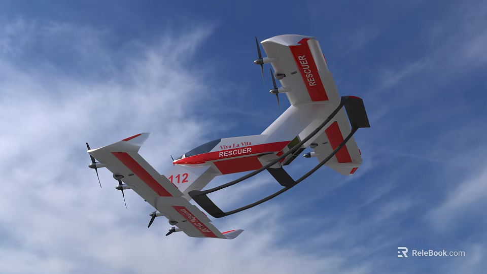 Red and White Rescue Aircraft With 112 Marking Flying in Blue Sky 3d model 