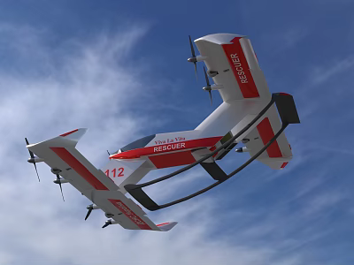 Red and White Rescue Aircraft With 112 Marking Flying in Blue Sky 3d model