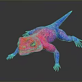 Vibrant Reptile Lizard with Pink and Blue Shiny Skin Crawling on Dark Surface