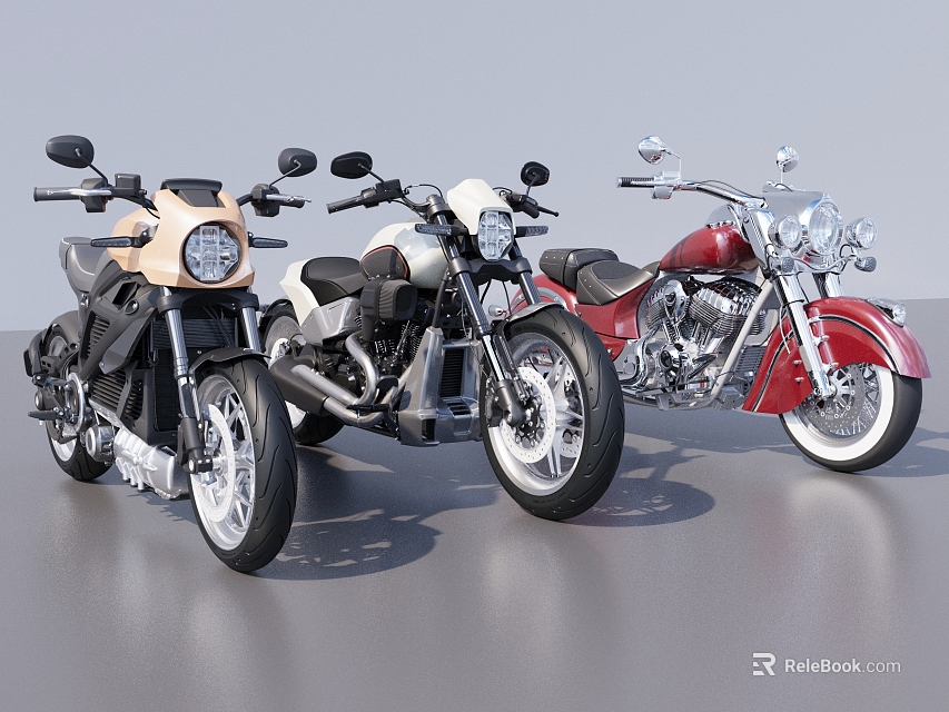 Three Motorcycles In Beige White Red Colors Parked On Gray Background With Various Styles 3d model 