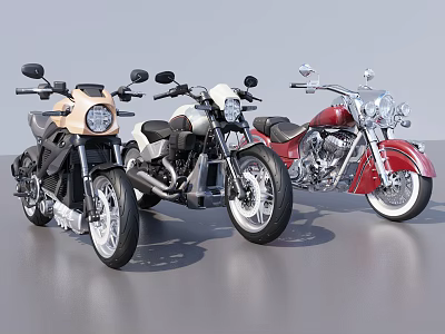 Three Motorcycles In Beige White Red Colors Parked On Gray Background With Various Styles 3d model