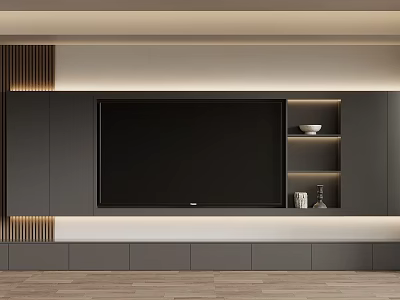 Modern TV Wall Design With Gray Cabinets LED Strip Lighting And Open Shelves 3d model