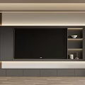 Modern TV Wall Design With Gray Cabinets LED Strip Lighting And Open Shelves