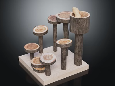 Wooden Stone Decorative Stumps With Circular Tops Different Heights On Wooden Base 3d model