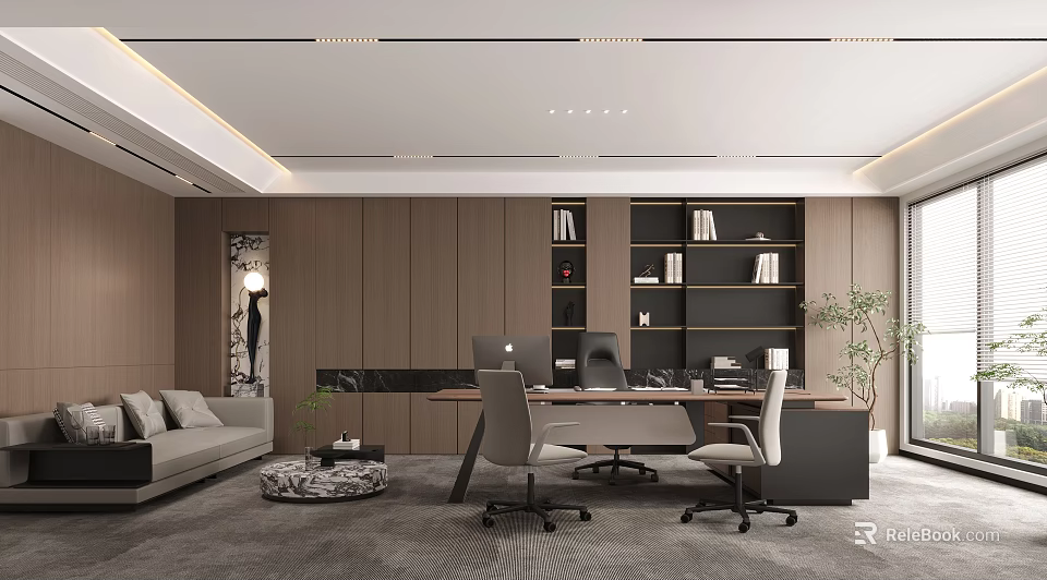 Modern Office Interior Design With Wooden Bookshelves Desk Chairs Sofa And Plants 3d model 