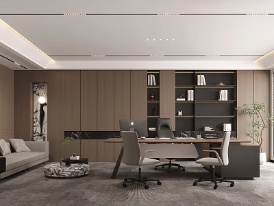 Modern Office Interior Design With Wooden Bookshelves Desk Chairs Sofa And Plants 3d model