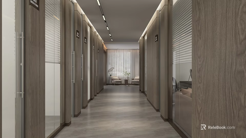 Modern Office Corridor Design With Wooden Walls Glass Partitions And Linear Lighting 3d model 