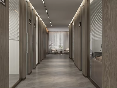 Modern Office Corridor Design With Wooden Walls Glass Partitions And Linear Lighting 3d model