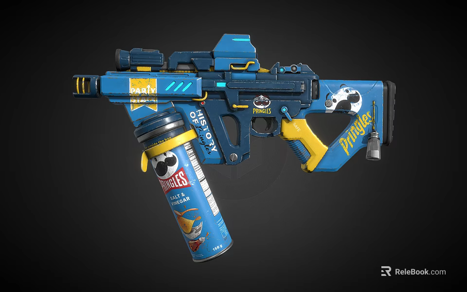Blue and Yellow Toy Gun Blaster With Pringles Can And Cartoon Design 3d model 