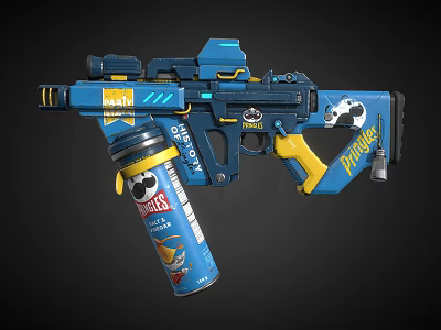 Blue and Yellow Toy Gun Blaster With Pringles Can And Cartoon Design 3d model