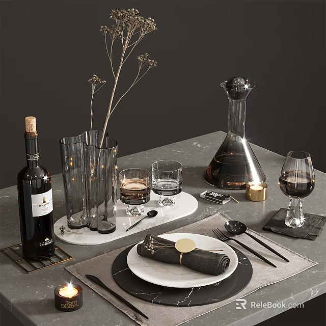 Elegant Dinnerware Set With Wine Glasses Plates Cutlery Marble Tray On Modern Dining Table 3d model 