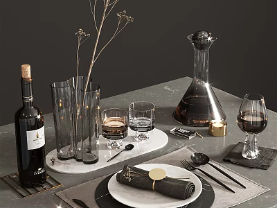 Elegant Dinnerware Set With Wine Glasses Plates Cutlery Marble Tray On Modern Dining Table 3d model