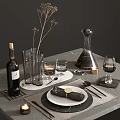 Elegant Dinnerware Set With Wine Glasses Plates Cutlery Marble Tray On Modern Dining Table
