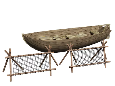 Traditional Handcrafted Wooden Boat With Wooden Fences And Fishing Nets Display Setup 3d model