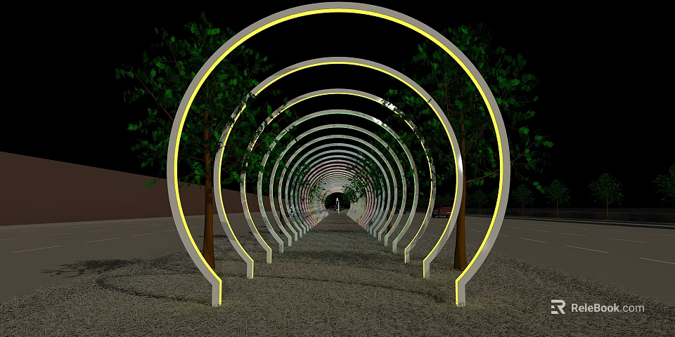 Decorative Activity Passageway With Arched Structures Yellow Lighting And Green Trees 3d model
