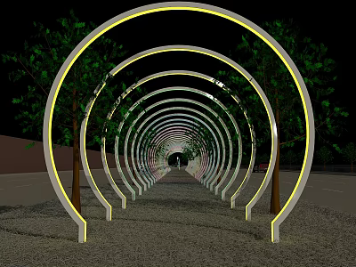 Decorative Activity Passageway With Arched Structures Yellow Lighting And Green Trees 3d model