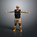 Man in camouflage uniform with black vest helmet and yellow boots arms outstretched
