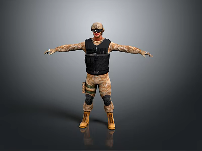Man in camouflage uniform with black vest helmet and yellow boots arms outstretched 3d model