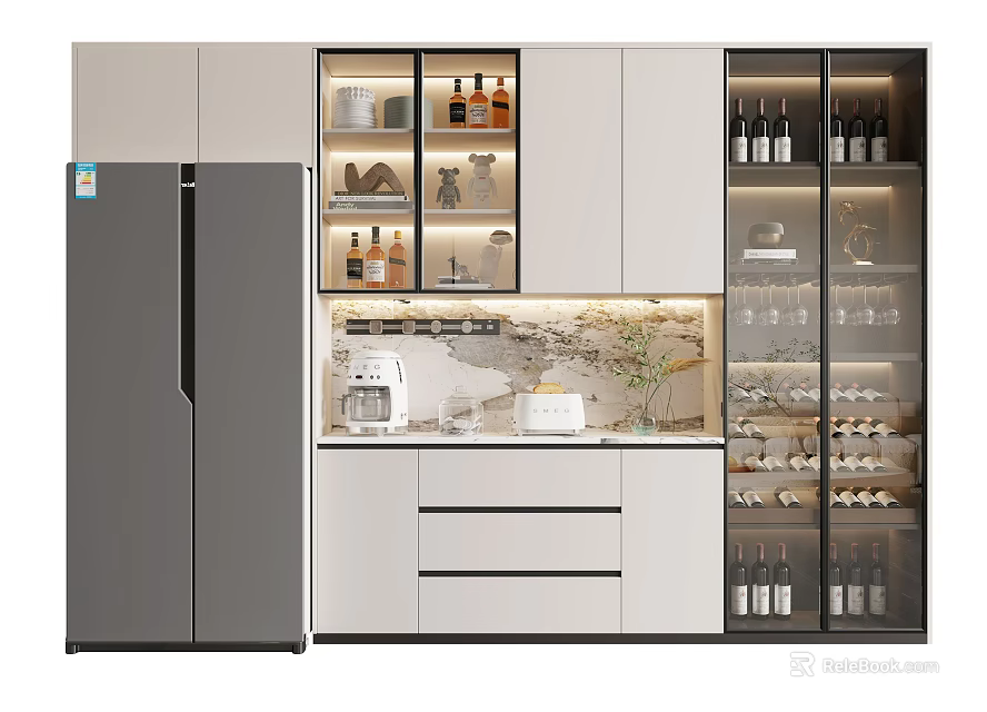 Modern Kitchen Interior With Glass Door Wine Cabinet Wine Bottles And Glasses 3d model 
