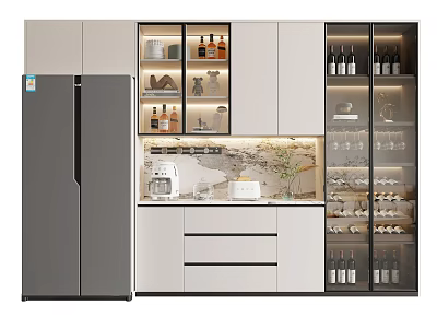 Modern Kitchen Interior With Glass Door Wine Cabinet Wine Bottles And Glasses 3d model