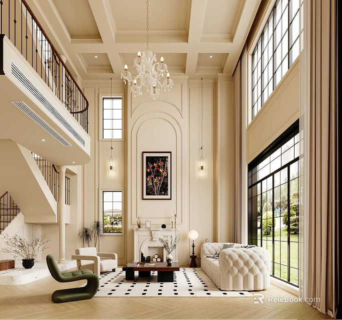 Spacious Duplex Living Room Interior With Double Height Ceiling Chandelier And Large Windows Fireplace 3d model 