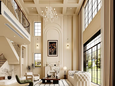 Spacious Duplex Living Room Interior With Double Height Ceiling Chandelier And Large Windows Fireplace 3d model