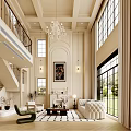 Spacious Duplex Living Room Interior With Double Height Ceiling Chandelier And Large Windows Fireplace
