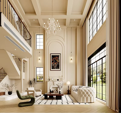 Spacious Duplex Living Room Interior With Double Height Ceiling Chandelier And Large Windows Fireplace 3d model