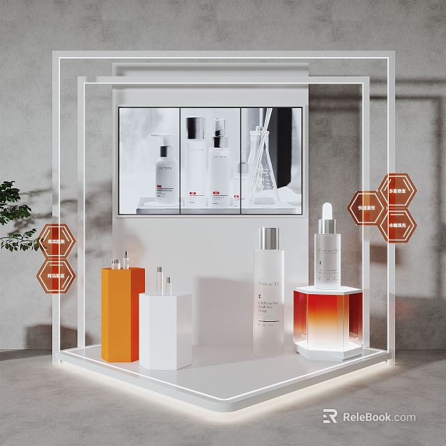 Elegant Store Window Display With Skincare Bottles Colored Containers Hexagonal Decorations And Display Frames 3d model 