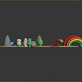 Colorful Scenic Landscape Featuring Wooden Train Track Rainbow Arch And Colorful Trees