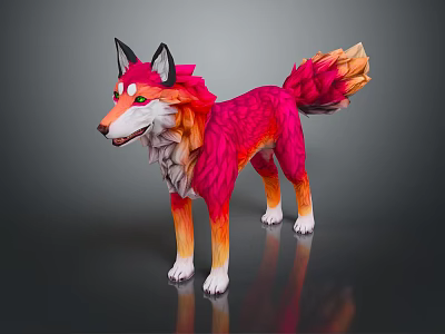 Colorful Fantasy Fox Game Movie Character With Pink Orange Fur Green Eyes And Black Ears 3d model