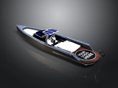 Modern Boat Exterior Design With Blue Seats White Deck And Stern Logo 3d model