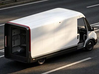 White Commercial Van With Black Trim Driving On Road With Open Rear Door 3d model