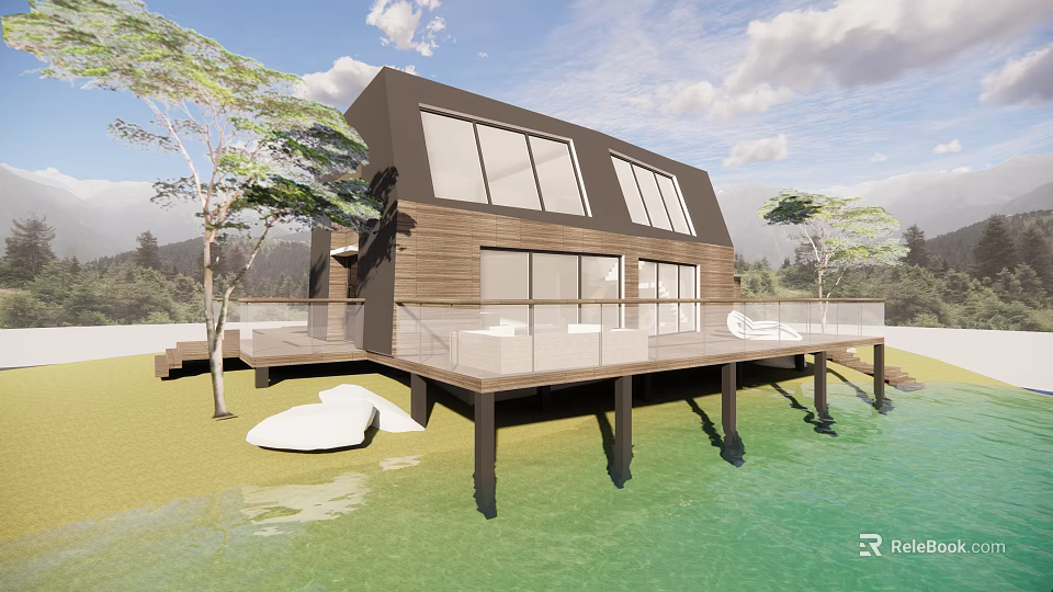 Modern Detached Villa With Wooden Exterior Large Windows Waterfront Deck Railing And Trees 3d model 