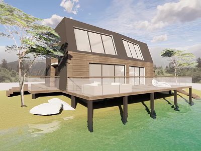 Modern Detached Villa With Wooden Exterior Large Windows Waterfront Deck Railing And Trees 3d model