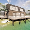 Modern Detached Villa With Wooden Exterior Large Windows Waterfront Deck Railing And Trees