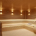 Luxurious Wooden Sauna Interior With Paneled Walls Benches And Ambient Lighting